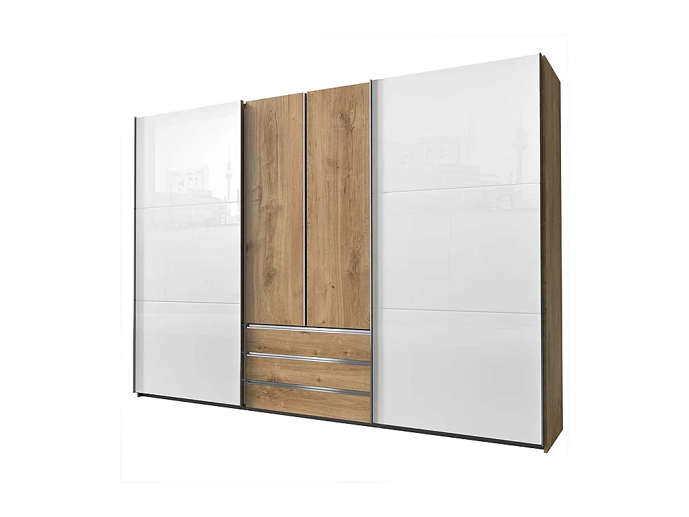 Schlafzimmerkleiderschrank zweifarbig mit Dreh- und Schiebetüren drei Schubladen