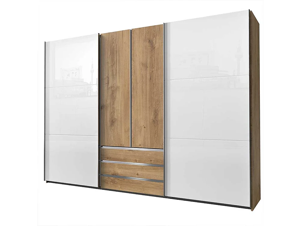 Schlafzimmerkleiderschrank zweifarbig mit Dreh- und Schiebetüren drei Schubladen