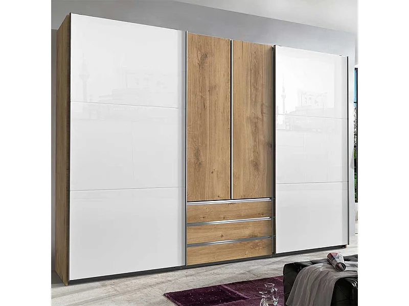 Schlafzimmerkleiderschrank zweifarbig mit Dreh- und Schiebetüren drei Schubladen