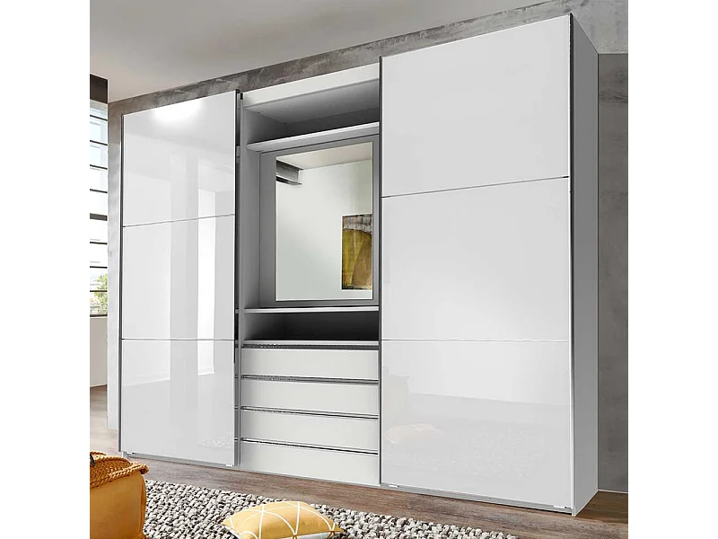 Funktions Kleiderschrank in Weiß vier Schubladen und Spiegel innen