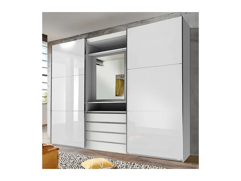 Funktions Kleiderschrank in Weiß vier Schubladen und Spiegel innen