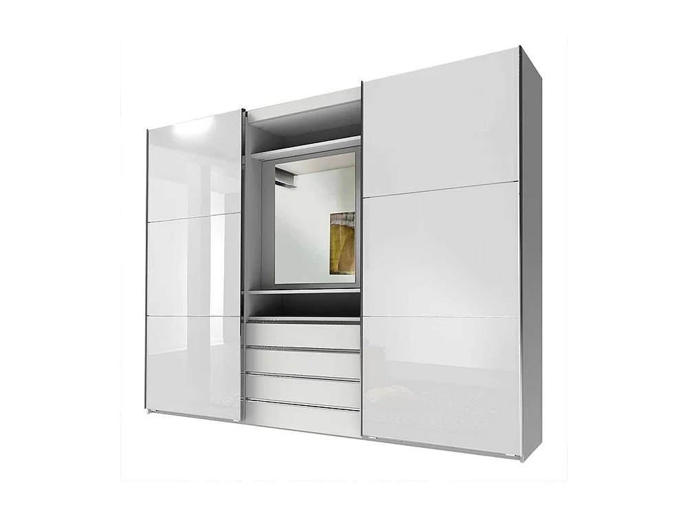 Funktions Kleiderschrank in Weiß vier Schubladen und Spiegel innen