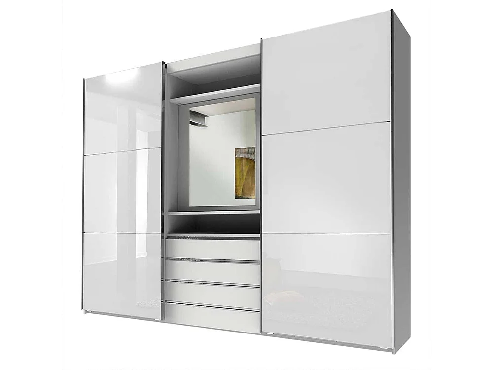 Funktions Kleiderschrank in Weiß vier Schubladen und Spiegel innen