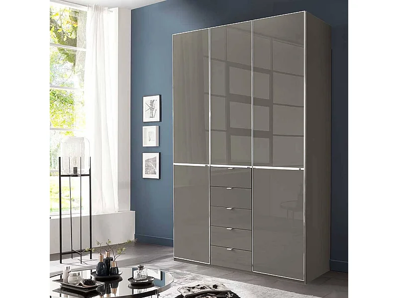 Drehtürschrank Schlafzimmerschrank mit fünf Schubladen Front glasbeschichtet