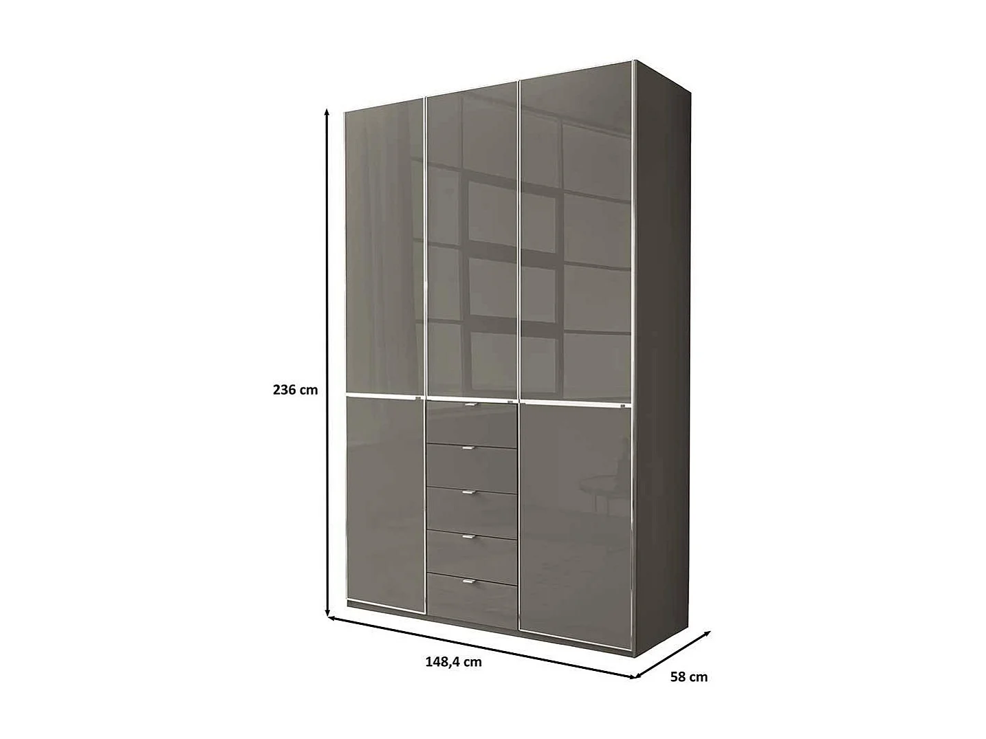 Drehtürschrank Schlafzimmerschrank mit fünf Schubladen Front glasbeschichtet