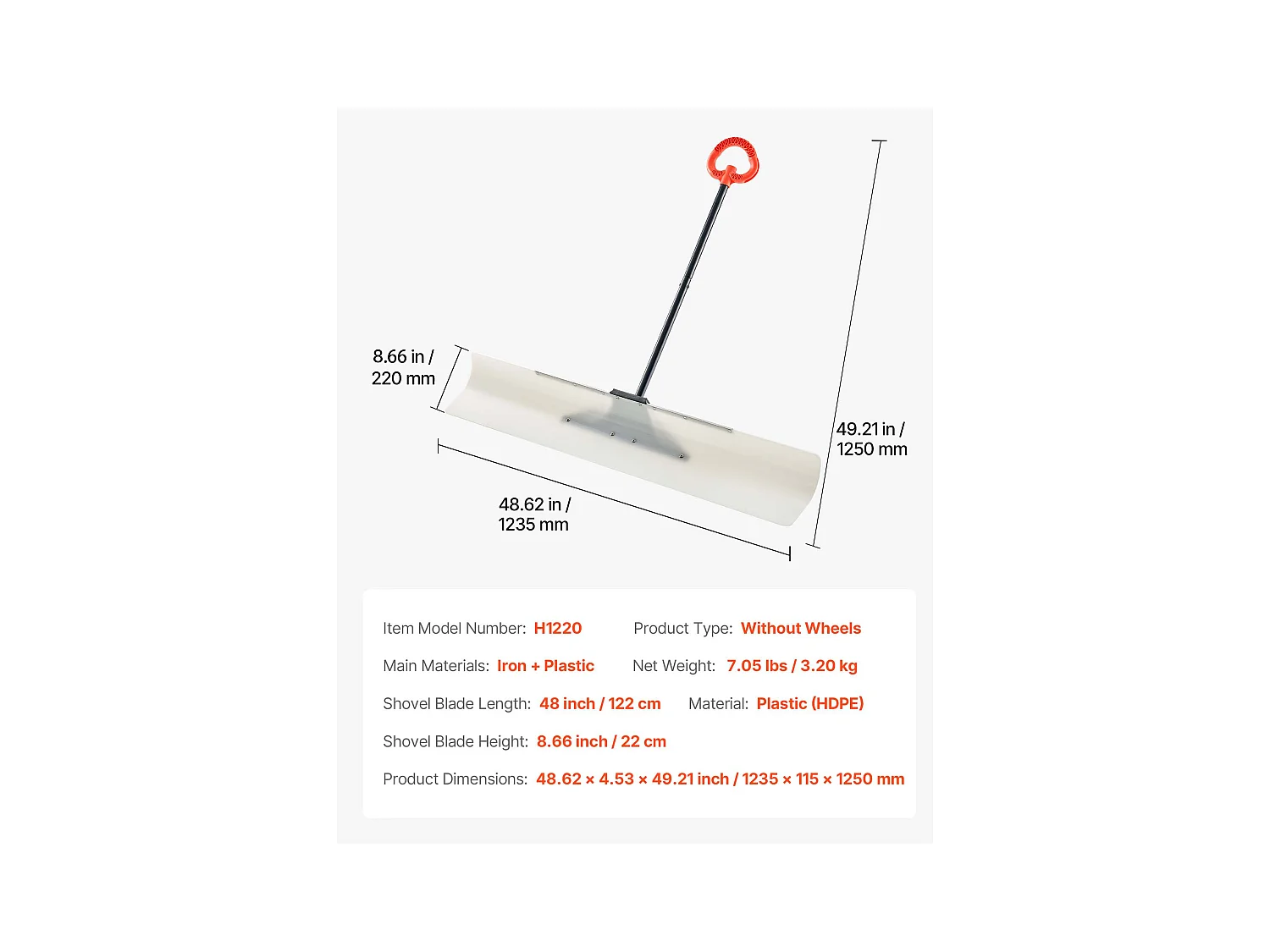 Pala de Nieve SucceBuy, 122 cm, Empujador de Nieve con Mango Ergonómico, Cuchilla de Plástico PEHD, Pala de Despeje de Nieve con Mango Segmentado, Quitanieves