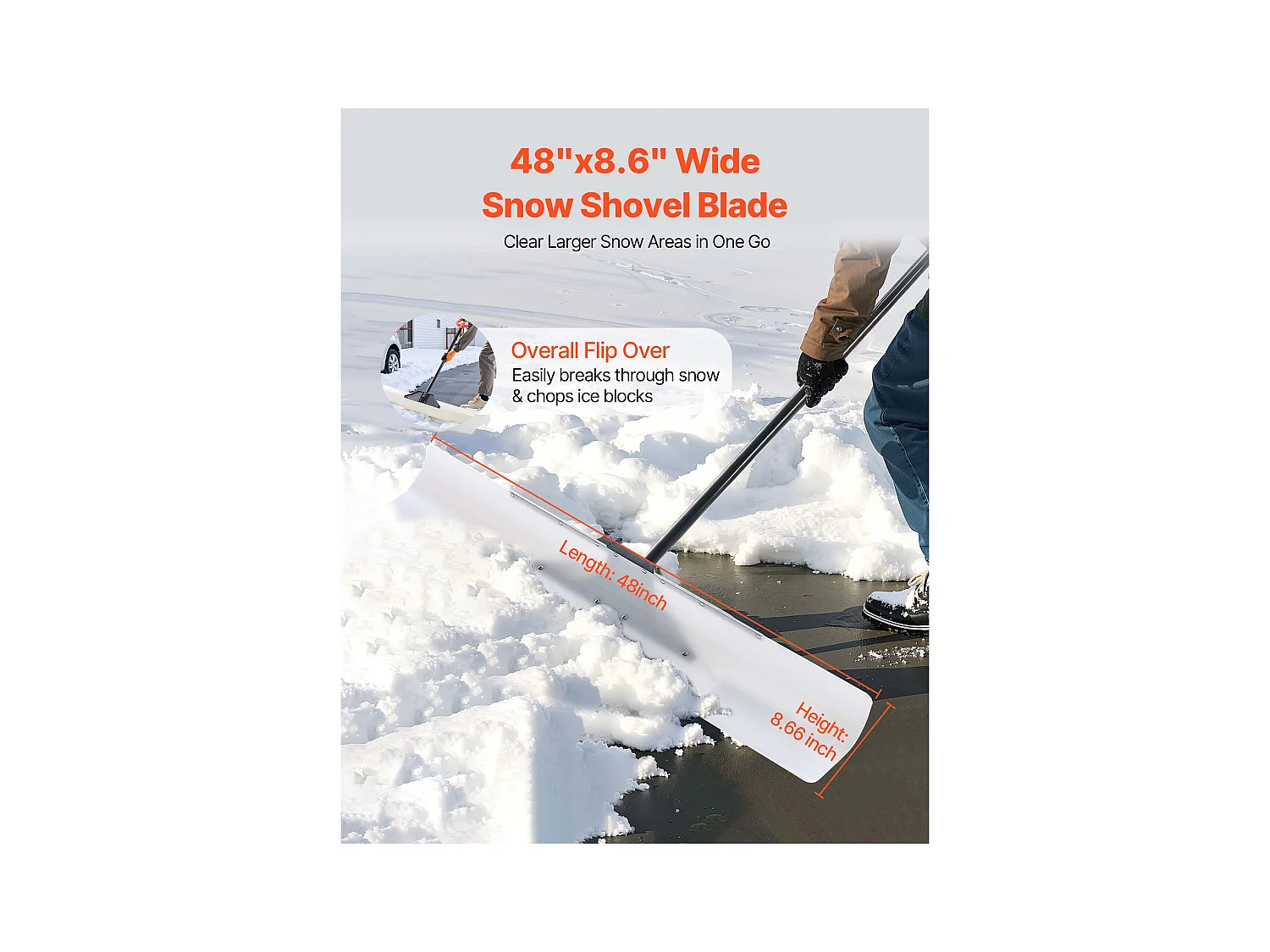 Pala de Nieve SucceBuy, 122 cm, Empujador de Nieve con Mango Ergonómico, Cuchilla de Plástico PEHD, Pala de Despeje de Nieve con Mango Segmentado, Quitanieves