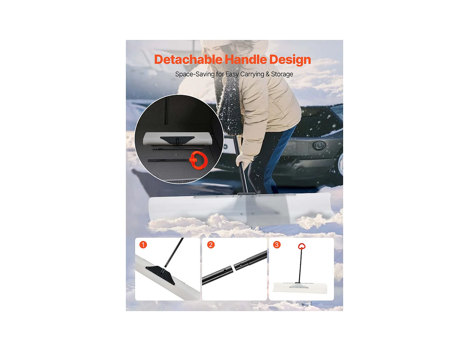 Pala de Nieve SucceBuy, 122 cm, Empujador de Nieve con Mango Ergonómico, Cuchilla de Plástico PEHD, Pala de Despeje de Nieve con Mango Segmentado, Quitanieves