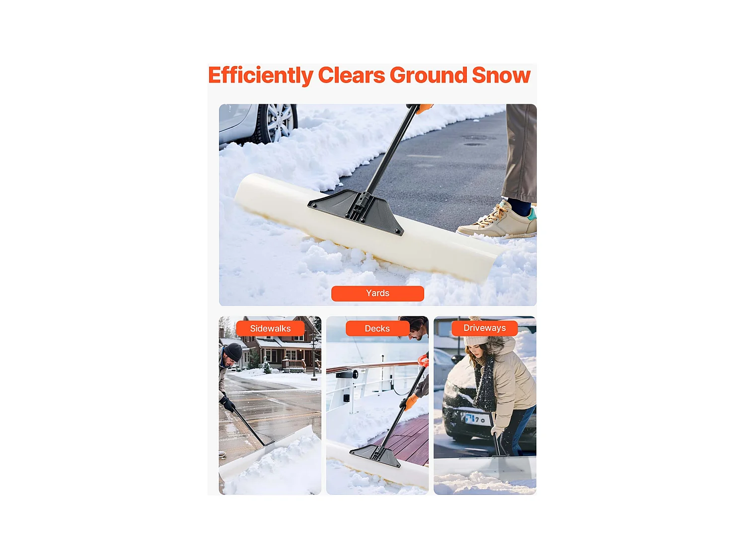 Pala de Nieve SucceBuy, 122 cm, Empujador de Nieve con Mango Ergonómico, Cuchilla de Plástico PEHD, Pala de Despeje de Nieve con Mango Segmentado, Quitanieves