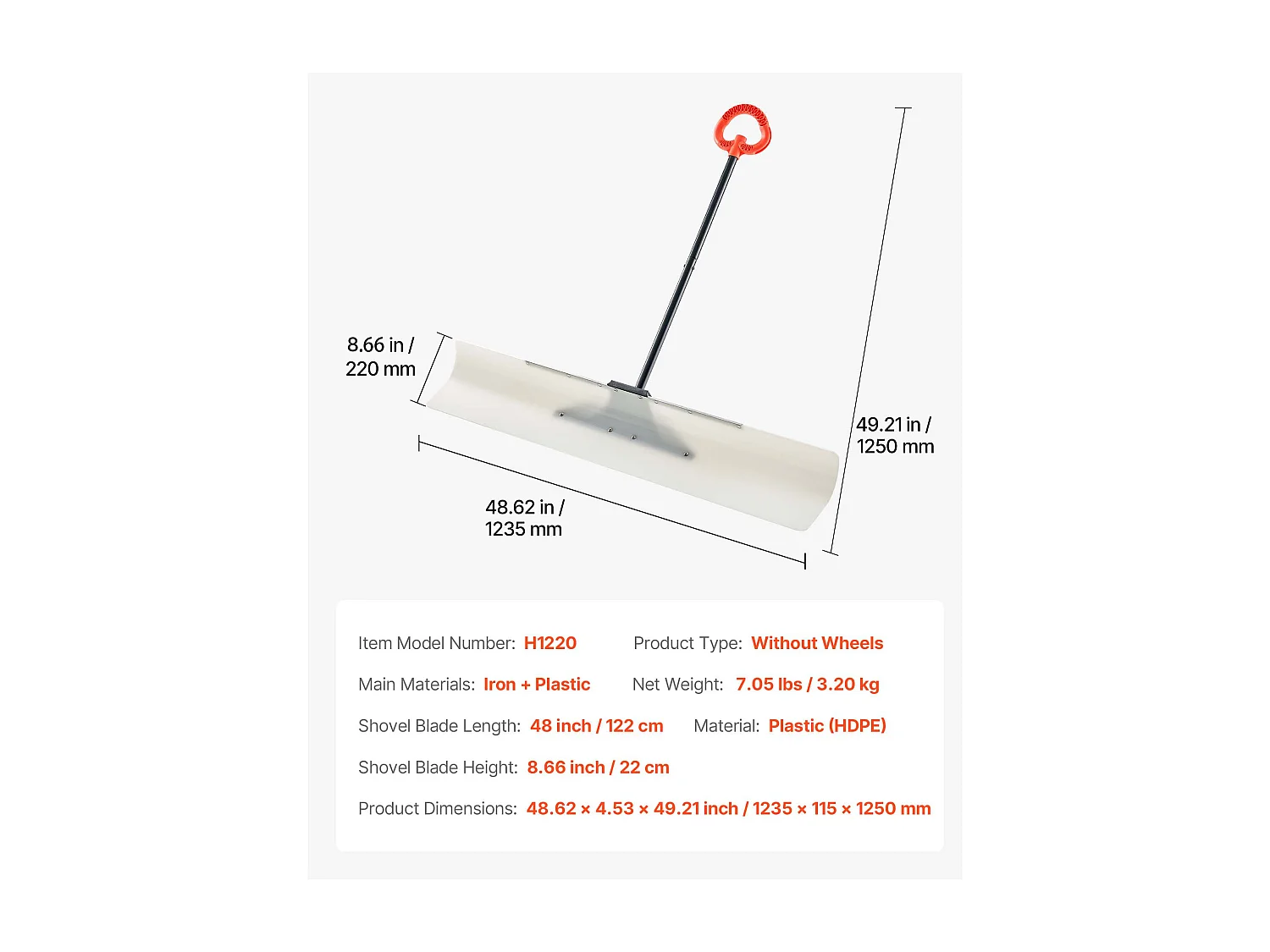 Pelle à Neige SucceBuy, 122 cm, Poussoir à Neige avec Poignée Ergonomique, Lame en Plastique PEHD, Pelle de Déneigement à Manche Segmenté, Pousse-neige
