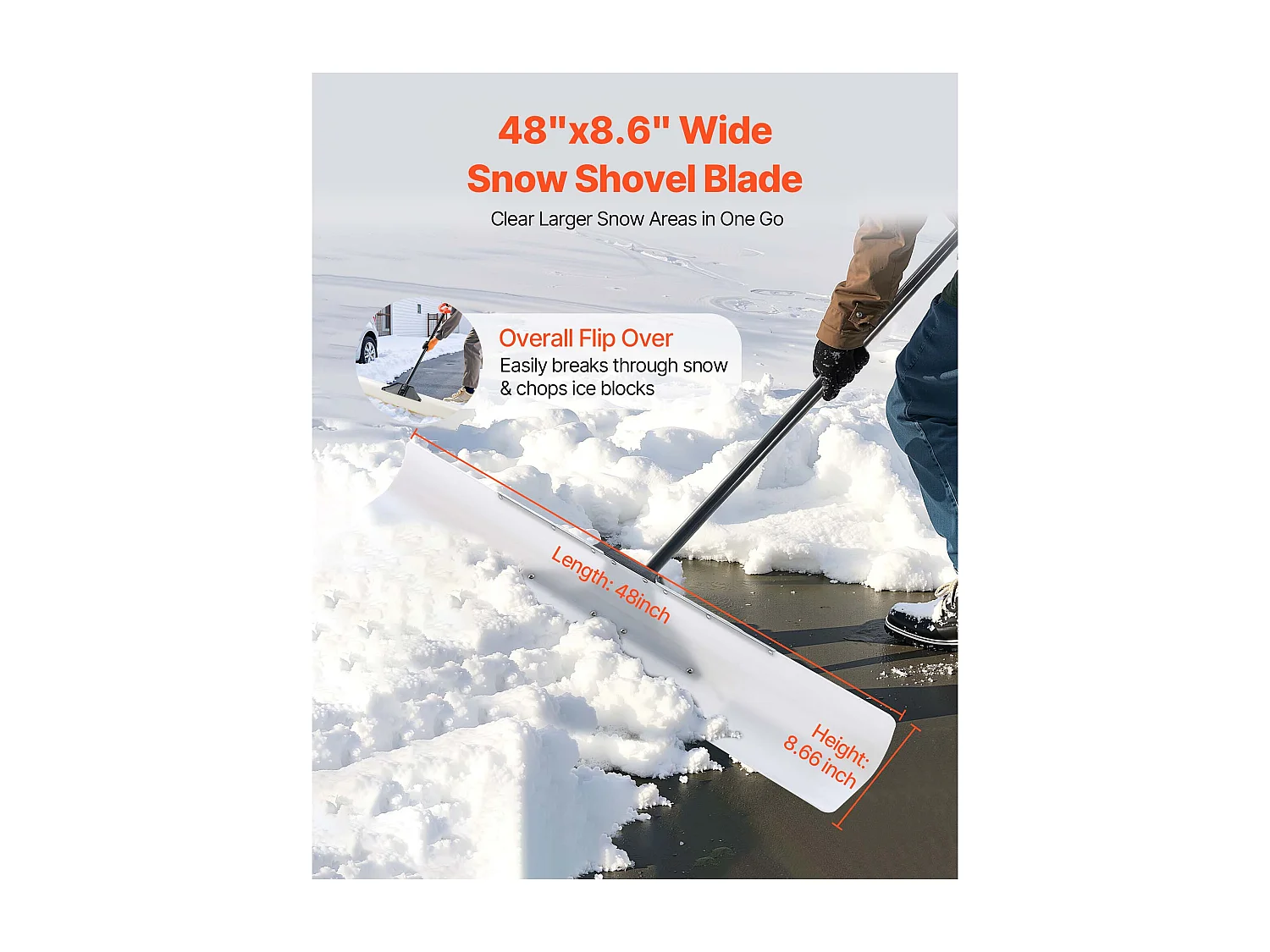 Pelle à Neige SucceBuy, 122 cm, Poussoir à Neige avec Poignée Ergonomique, Lame en Plastique PEHD, Pelle de Déneigement à Manche Segmenté, Pousse-neige