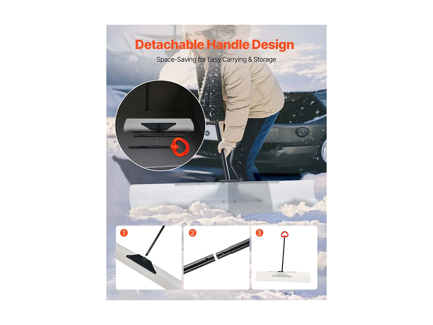 Pelle à Neige SucceBuy, 122 cm, Poussoir à Neige avec Poignée Ergonomique, Lame en Plastique PEHD, Pelle de Déneigement à Manche Segmenté, Pousse-neige