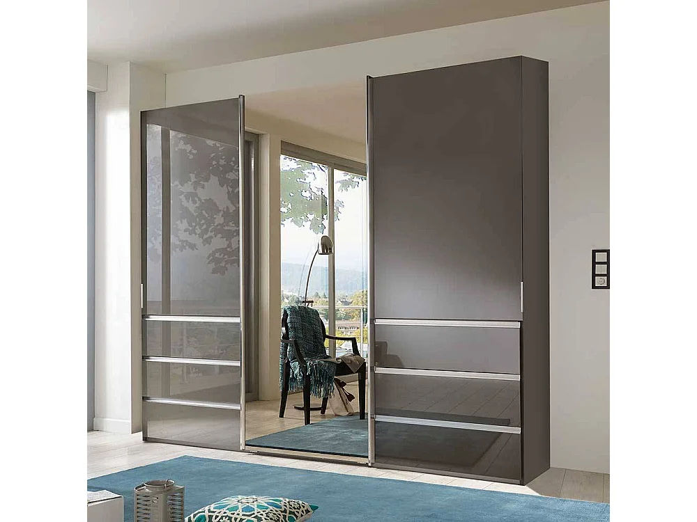 Kleiderschrank mit Schwebetüren in Braun Front glasbeschichtet