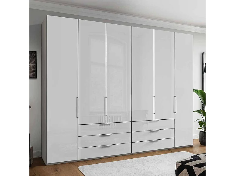 Glasfront Kleiderschrank in Weiß & Hellgrau sechs Schubladen