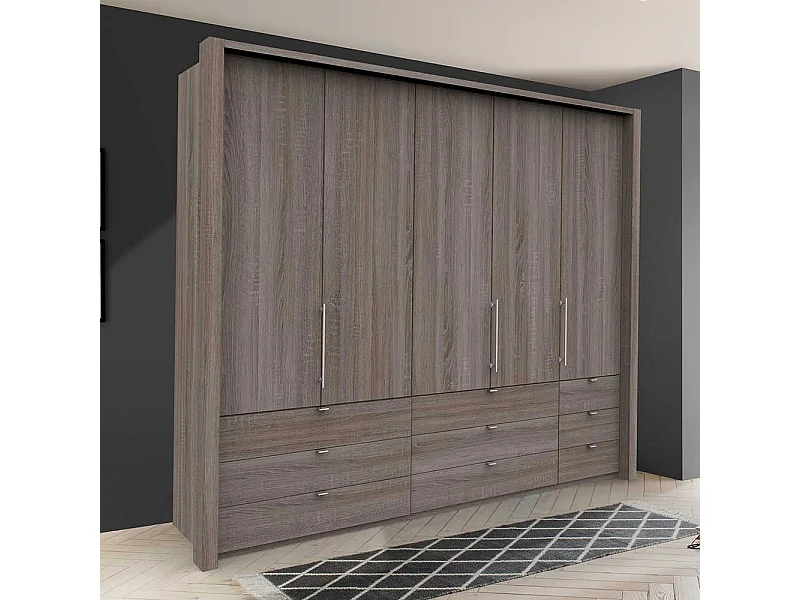 Gleittüren Kleiderschrank in Eiche Trüffelfarben neun Schubladen