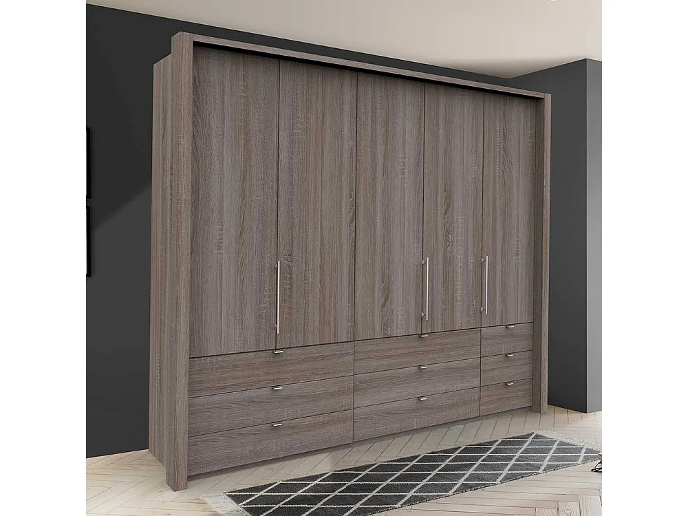 Gleittüren Kleiderschrank in Eiche Trüffelfarben neun Schubladen