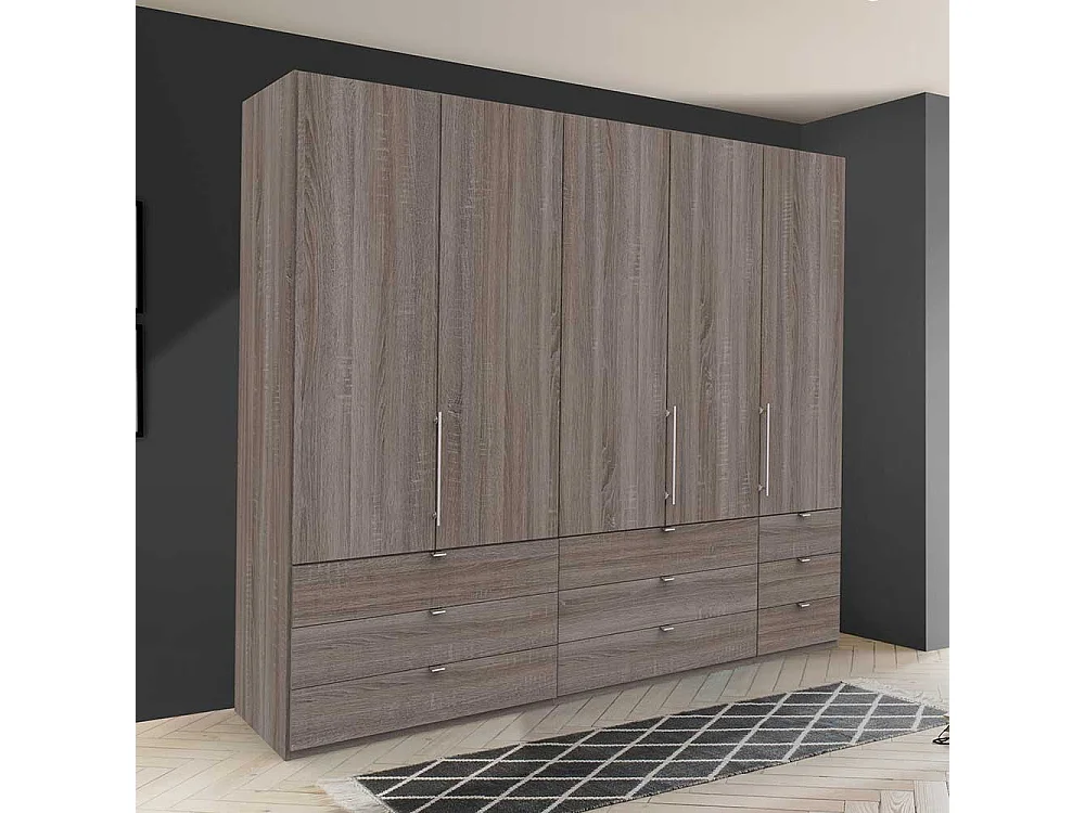 Gleittüren Kleiderschrank in Eiche Trüffelfarben neun Schubladen
