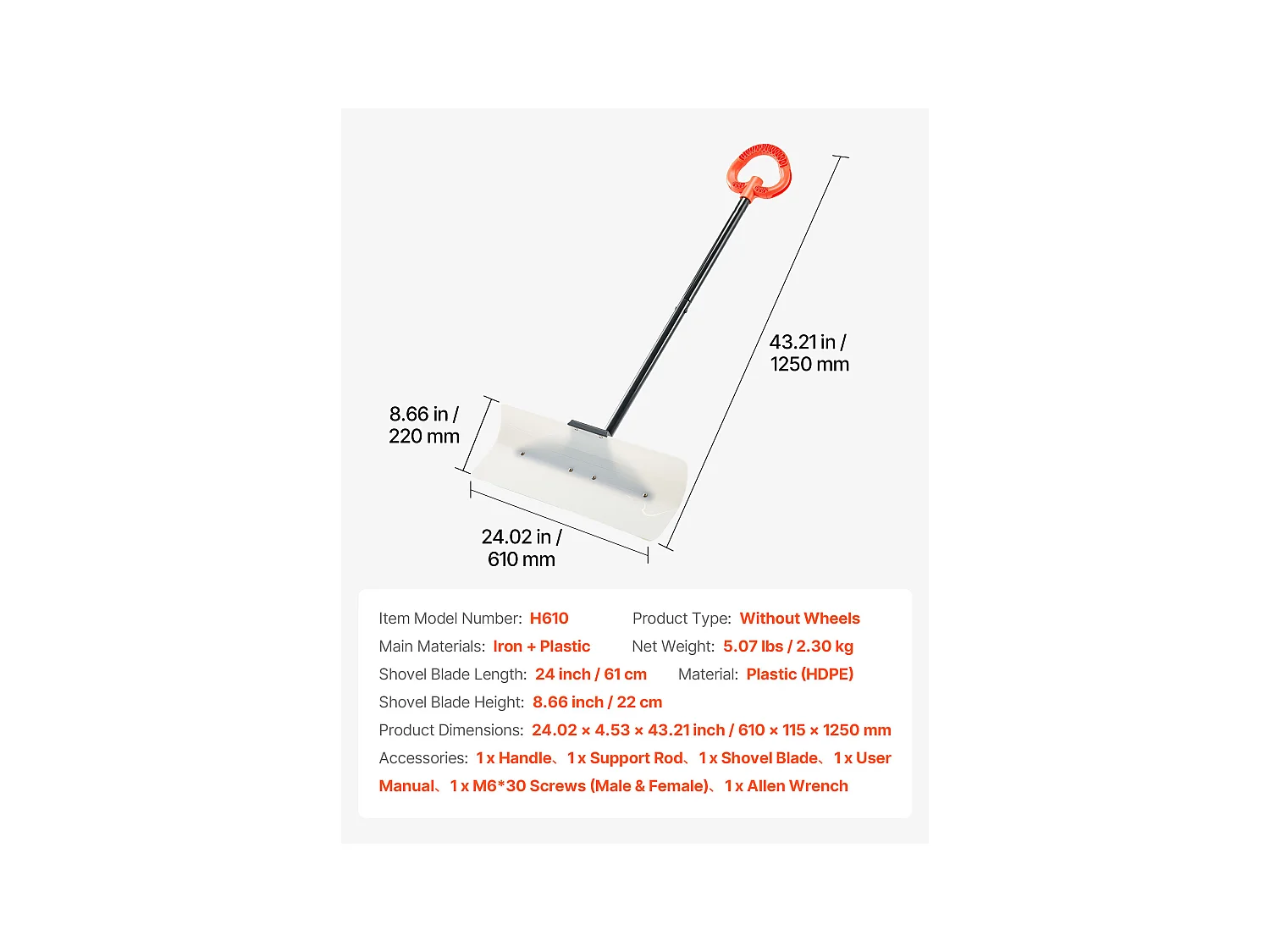 Pala de Nieve SucceBuy, 61 cm, Empujador de Nieve con Mango Ergonómico, Cuchilla de Plástico PEHD, Pala de Despeje de Nieve con Mango Segmentado, Quitanieves