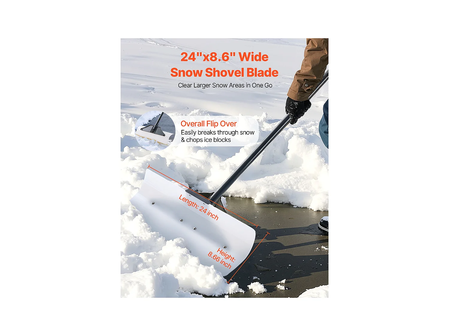 Pala de Nieve SucceBuy, 61 cm, Empujador de Nieve con Mango Ergonómico, Cuchilla de Plástico PEHD, Pala de Despeje de Nieve con Mango Segmentado, Quitanieves