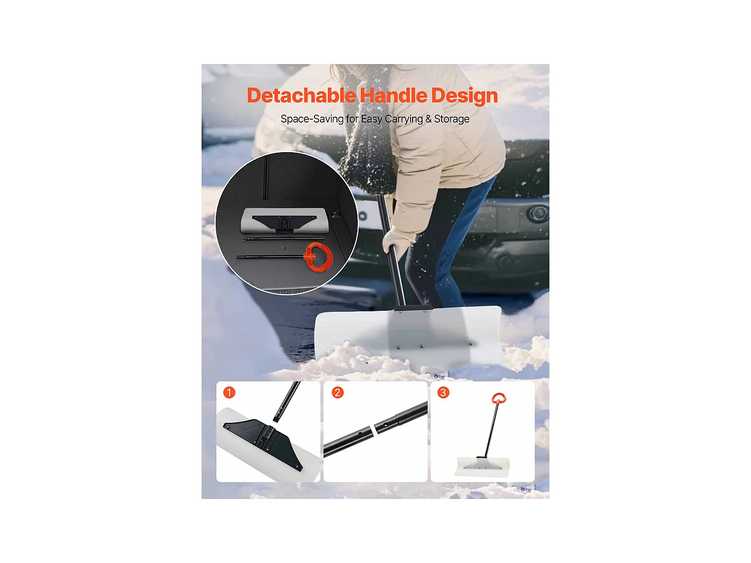 Pala de Nieve SucceBuy, 61 cm, Empujador de Nieve con Mango Ergonómico, Cuchilla de Plástico PEHD, Pala de Despeje de Nieve con Mango Segmentado, Quitanieves
