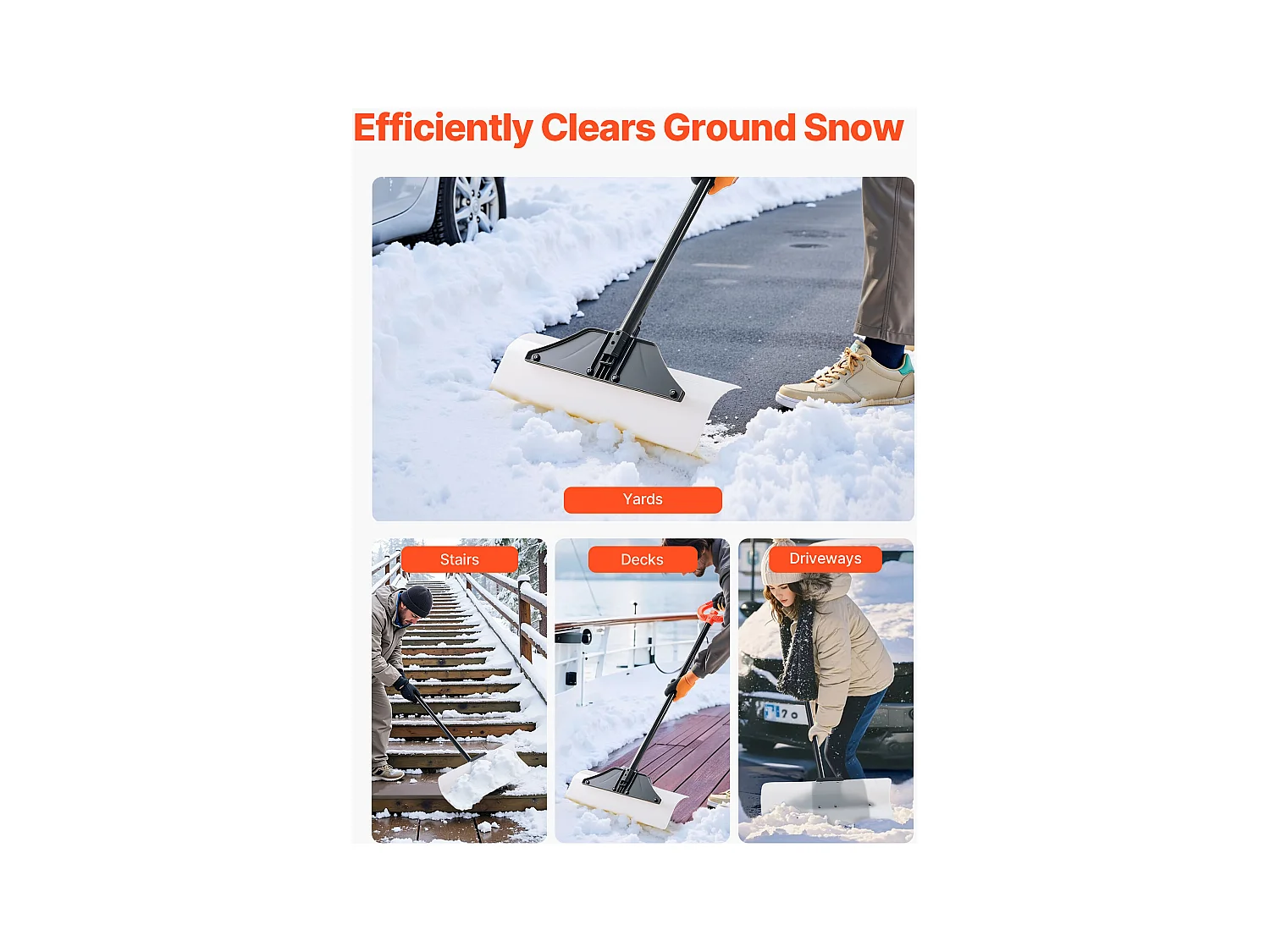 Pala de Nieve SucceBuy, 61 cm, Empujador de Nieve con Mango Ergonómico, Cuchilla de Plástico PEHD, Pala de Despeje de Nieve con Mango Segmentado, Quitanieves