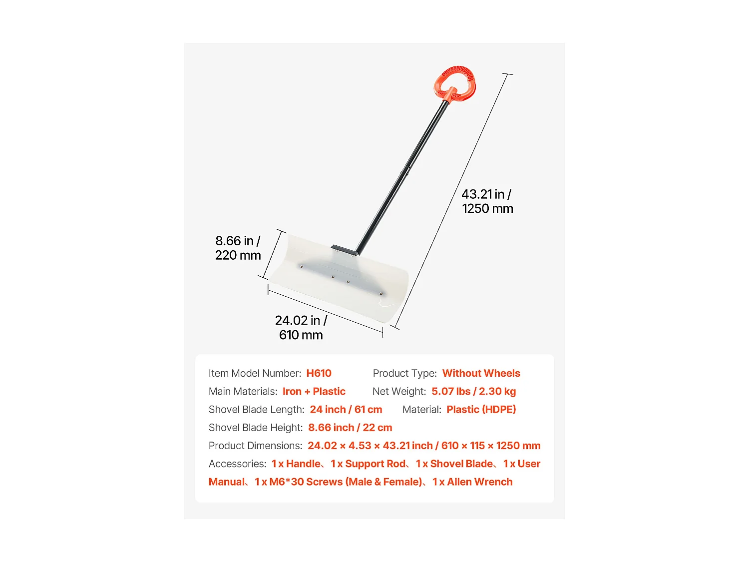 Pelle à Neige SucceBuy, 61 cm, Poussoir à Neige avec Poignée Ergonomique, Lame en Plastique PEHD, Pelle de Déneigement à Manche Segmenté, Pousse-neige