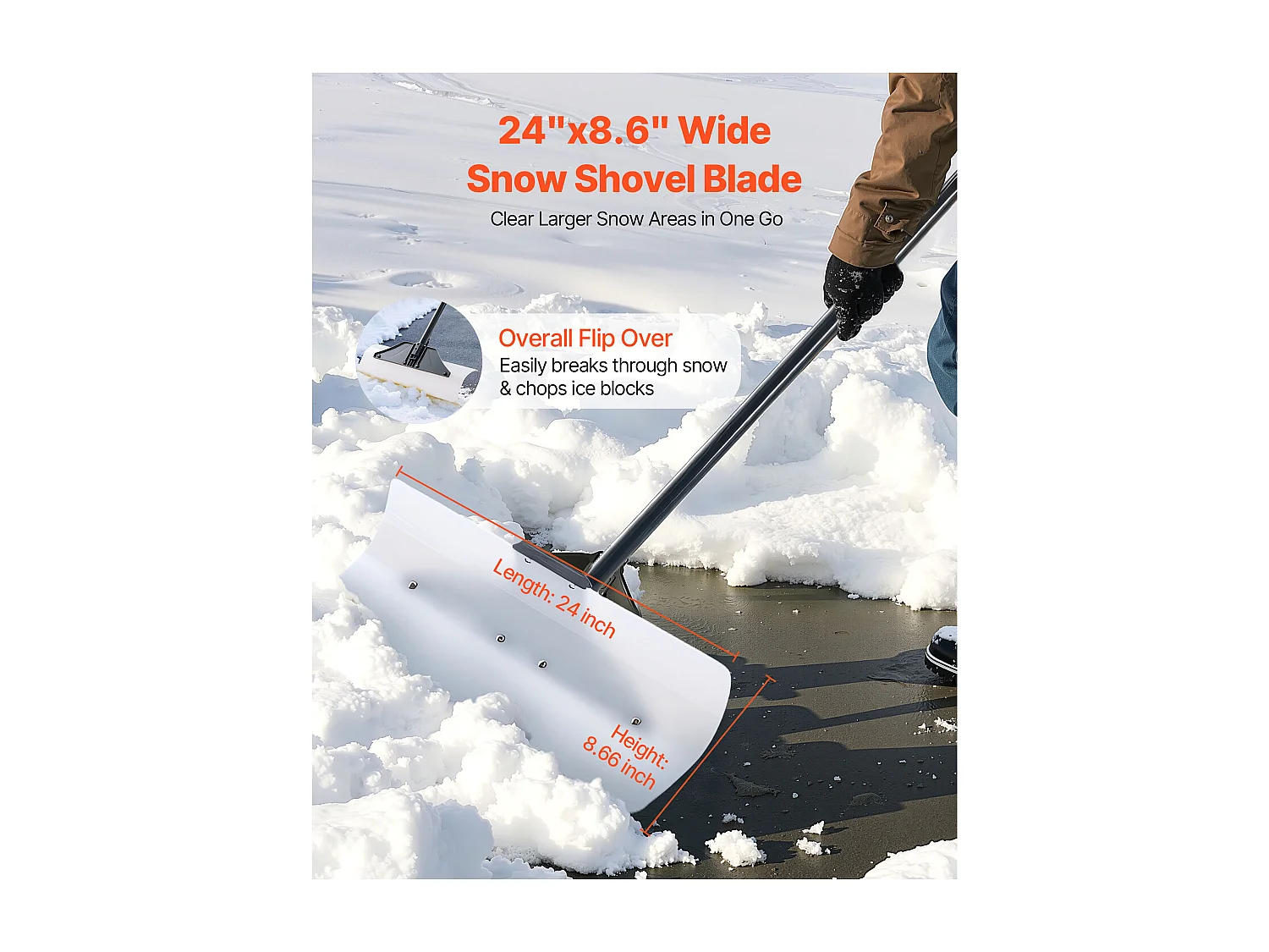 Pelle à Neige SucceBuy, 61 cm, Poussoir à Neige avec Poignée Ergonomique, Lame en Plastique PEHD, Pelle de Déneigement à Manche Segmenté, Pousse-neige