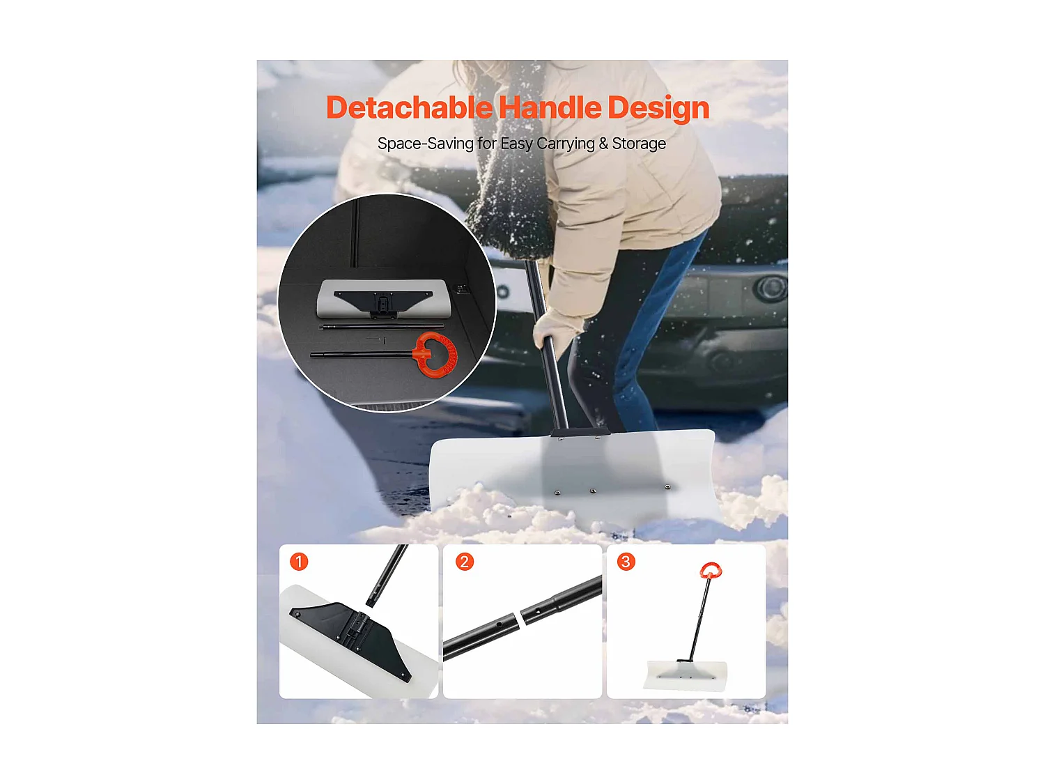 Pelle à Neige SucceBuy, 61 cm, Poussoir à Neige avec Poignée Ergonomique, Lame en Plastique PEHD, Pelle de Déneigement à Manche Segmenté, Pousse-neige
