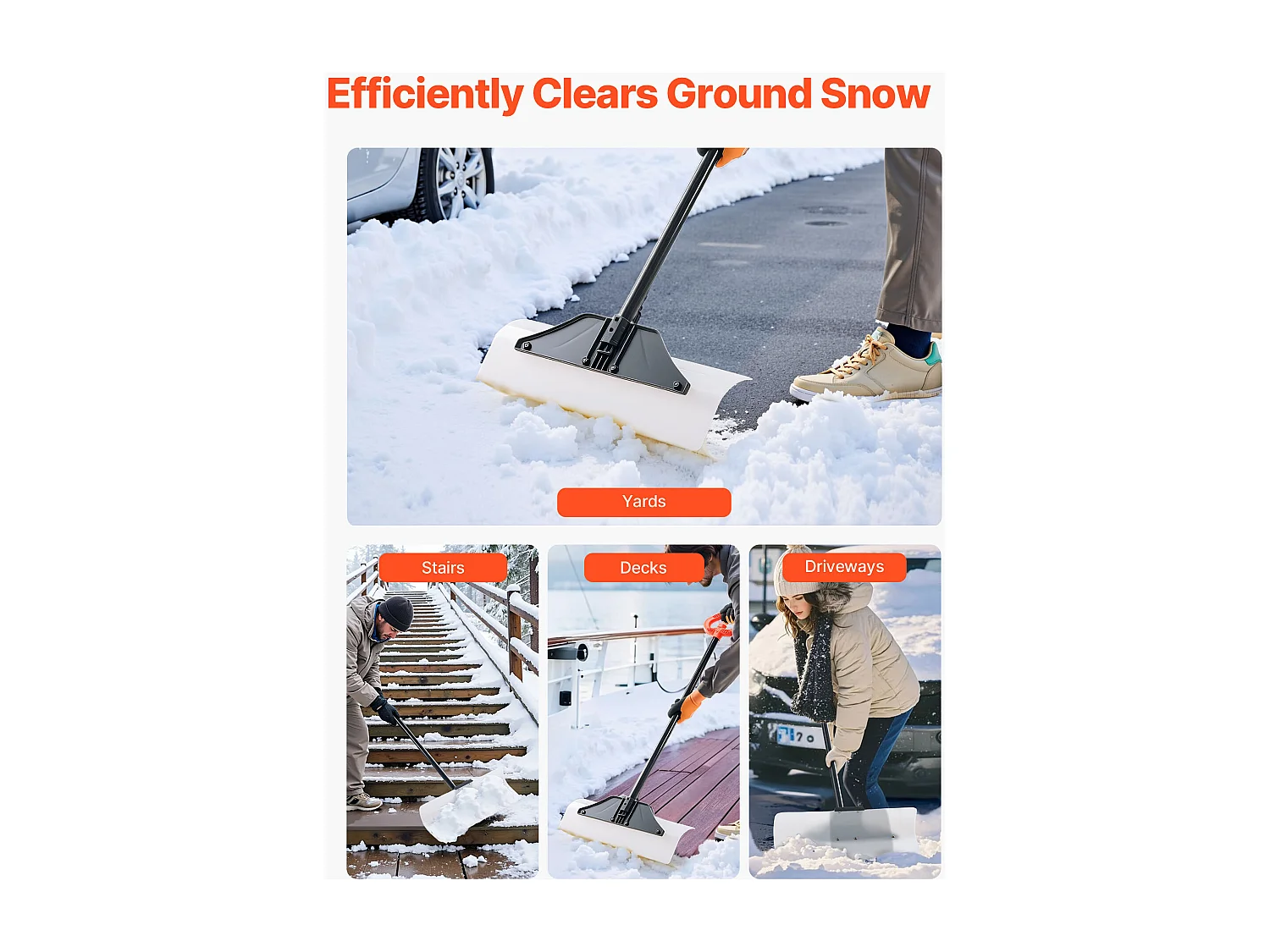 Pelle à Neige SucceBuy, 61 cm, Poussoir à Neige avec Poignée Ergonomique, Lame en Plastique PEHD, Pelle de Déneigement à Manche Segmenté, Pousse-neige
