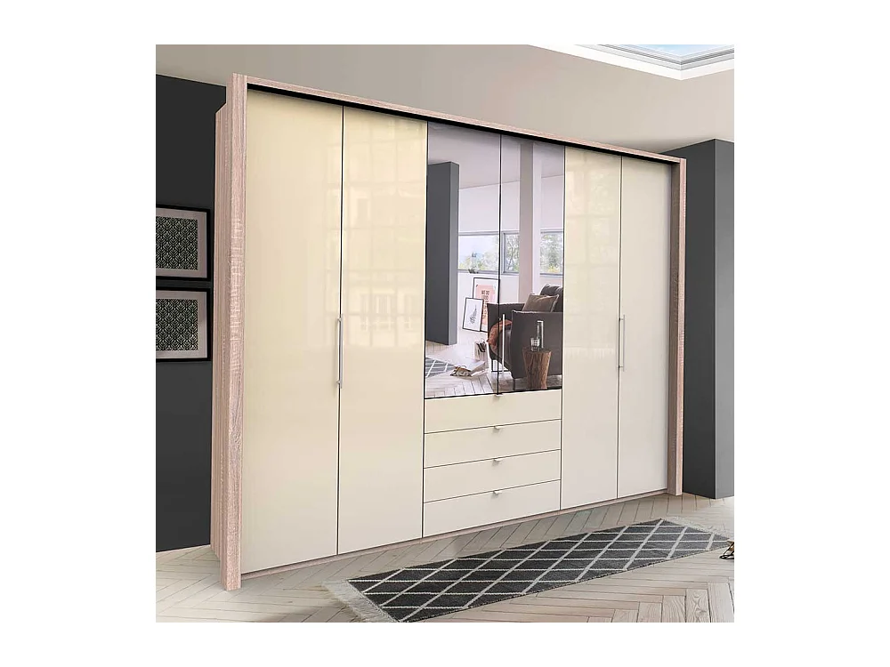 Kombi Schlafzimmerschrank mit Spiegel Cremefarben Eiche Sägerau