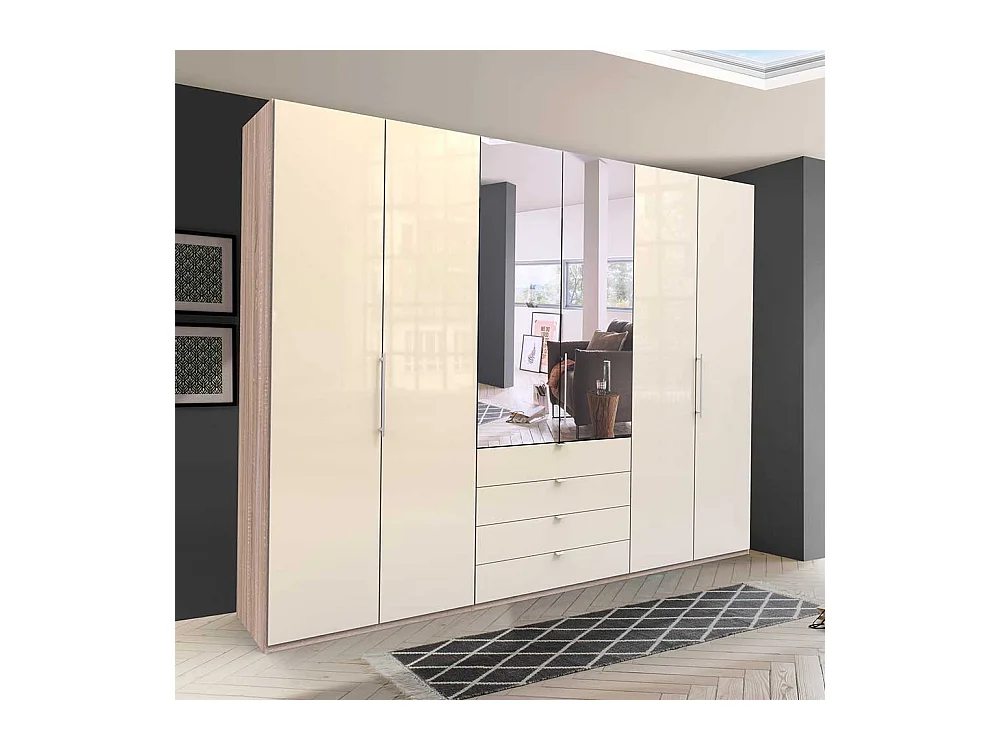 Kombi Schlafzimmerschrank mit Spiegel Cremefarben Eiche Sägerau