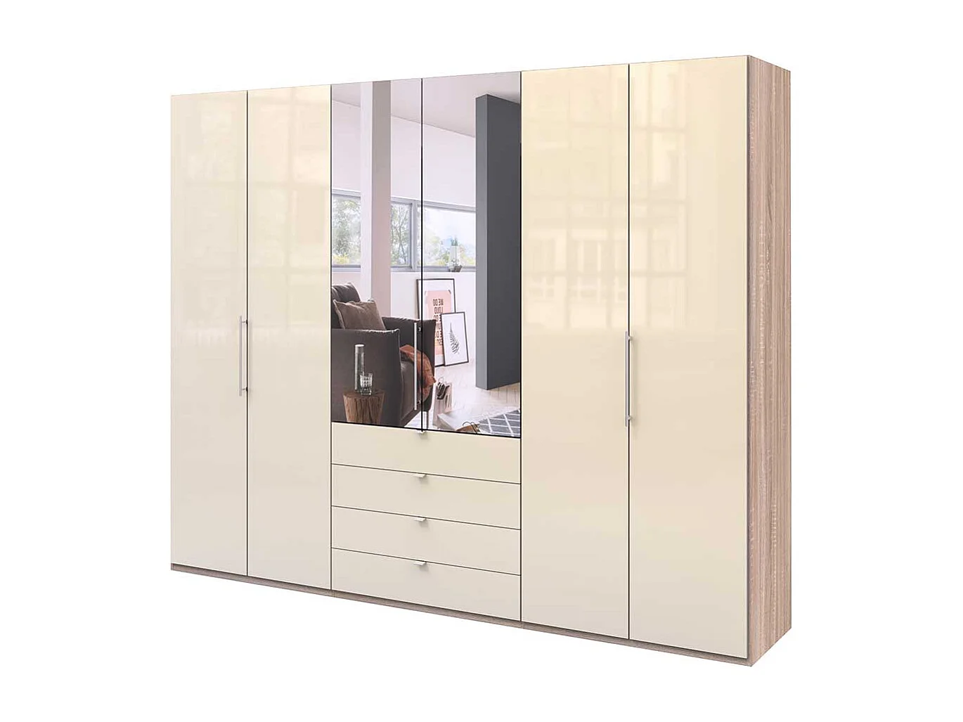 Kombi Schlafzimmerschrank mit Spiegel Cremefarben Eiche Sägerau