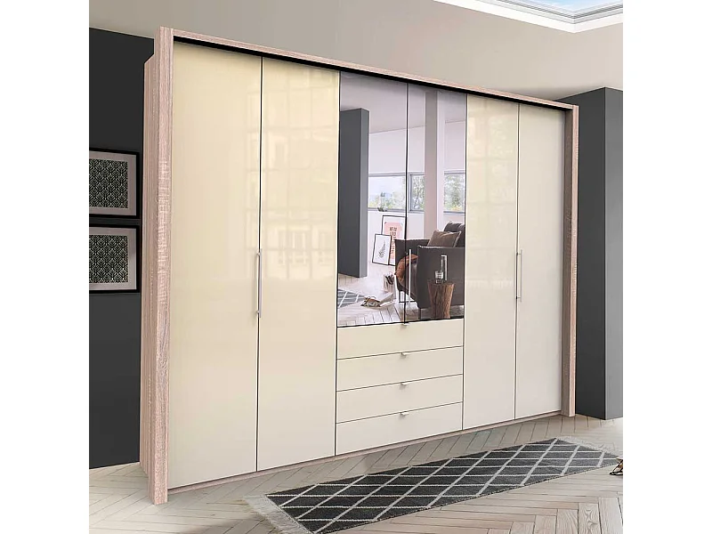 Kombi Schlafzimmerschrank mit Spiegel Cremefarben Eiche Sägerau