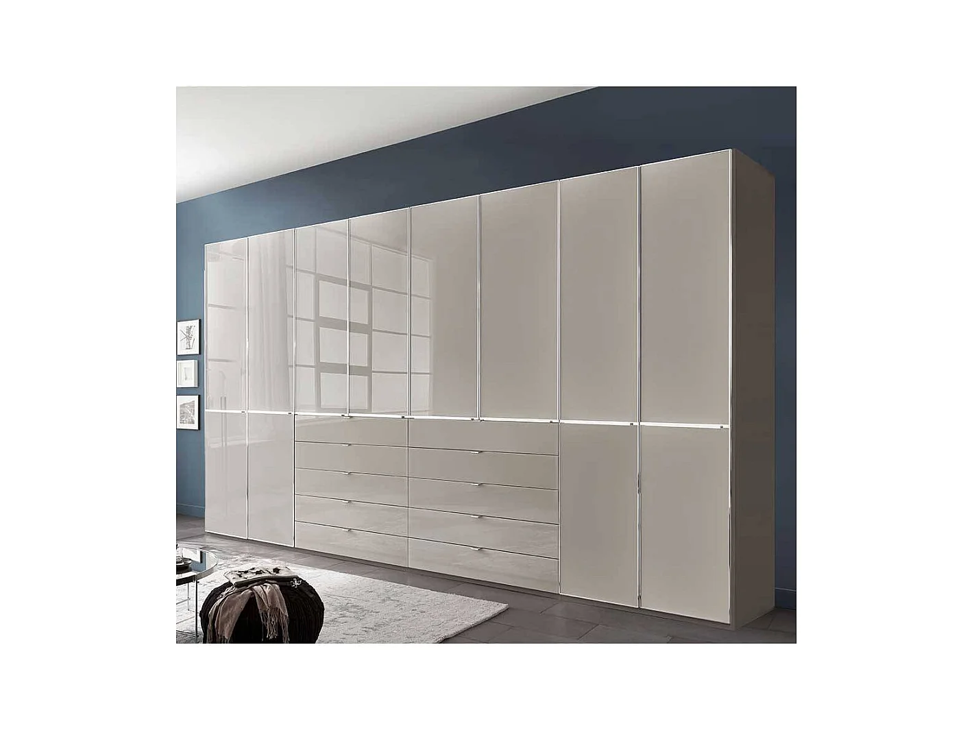 XL Schlafzimmerschrank Drehtürschrank in Hellgrau Front glasbeschichtet