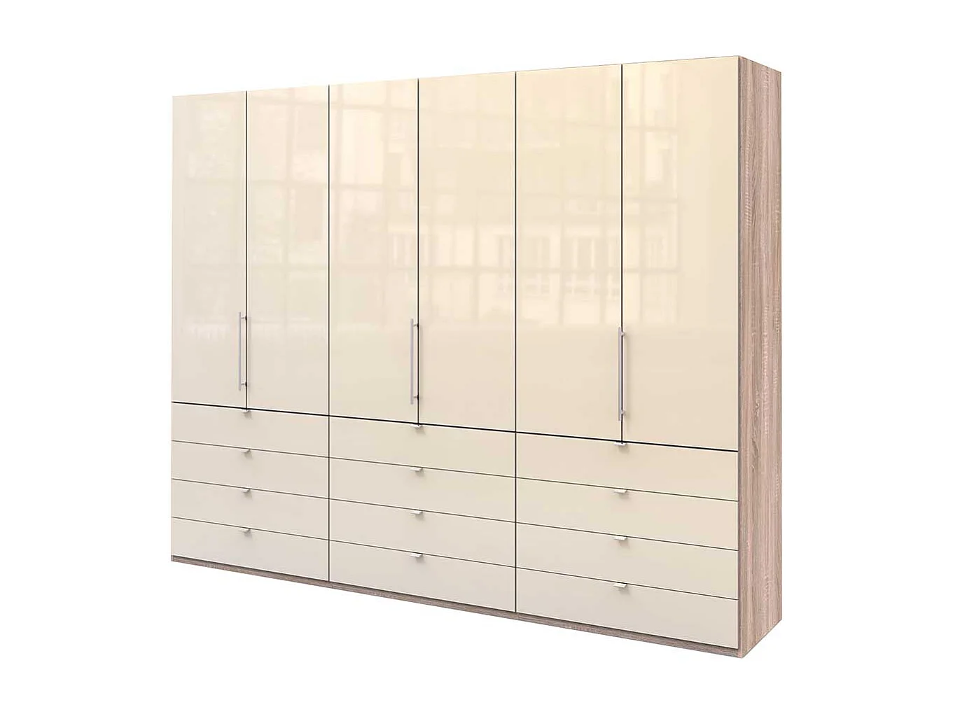 Gleittüren Schlafzimmerschrank mit vielen Schubladen glasbeschichtet