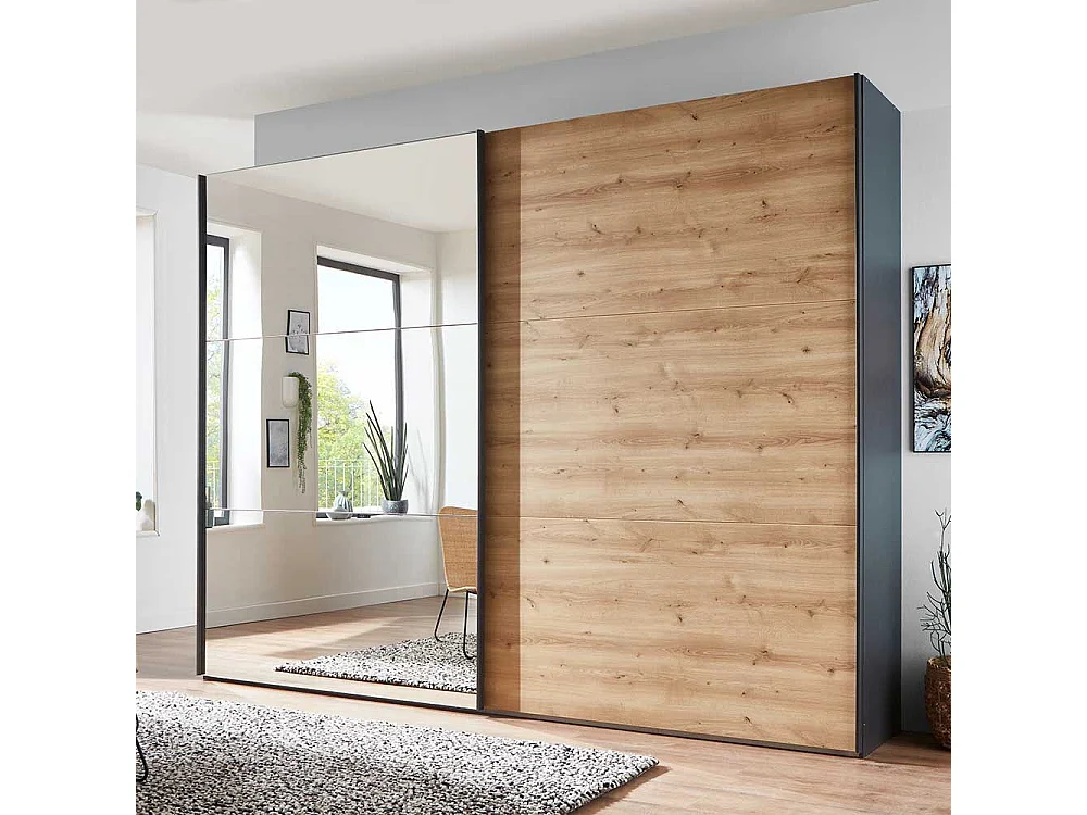 Kleiderschrank Schwebetüren in Eiche Bianco und Anthrazit Made in Germany