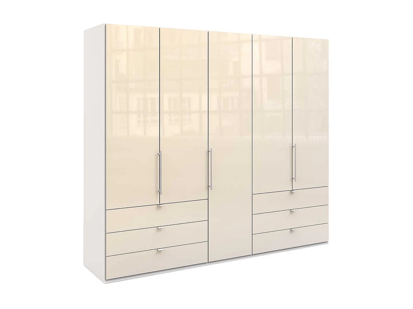 Cremefarbener Kleiderschrank mit sechs Schubladen 3 türig