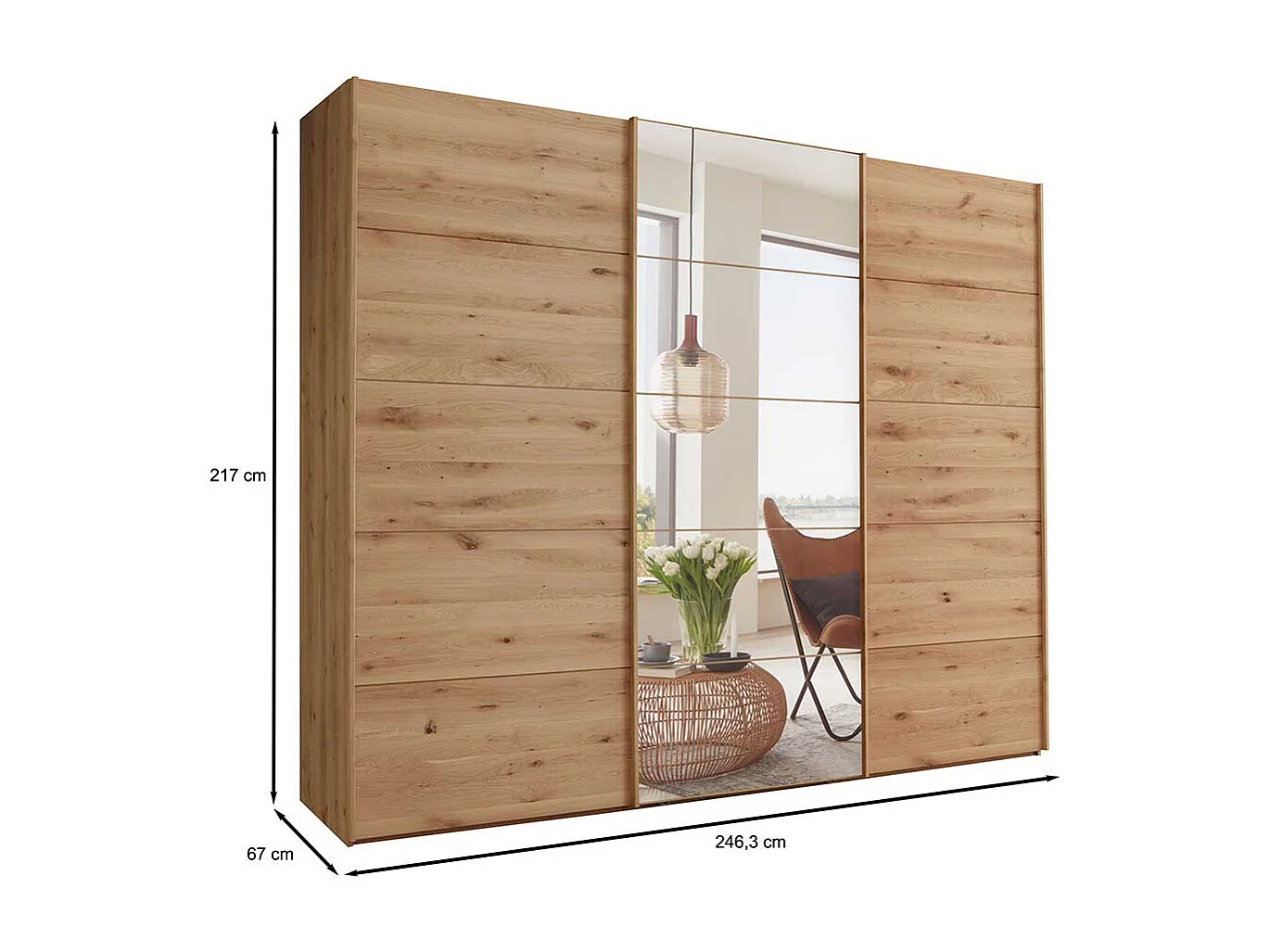 Kleiderschrank Holz mit 3 Schwebetüren Spiegel