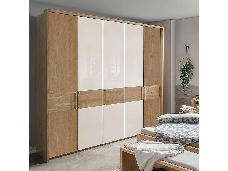 Drehtürenschrank in Beige Glas beschichtet Eiche Massivholz