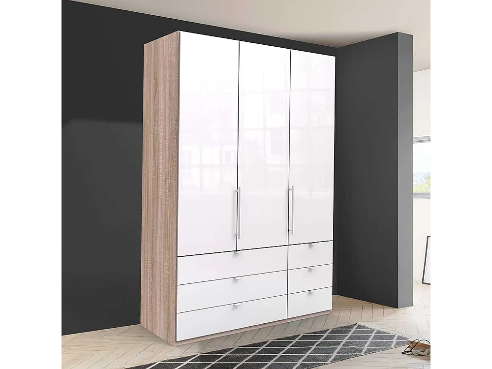 2 türiger Schlafzimmerschrank mit sechs Schubladen Weiß Eiche Sägerau