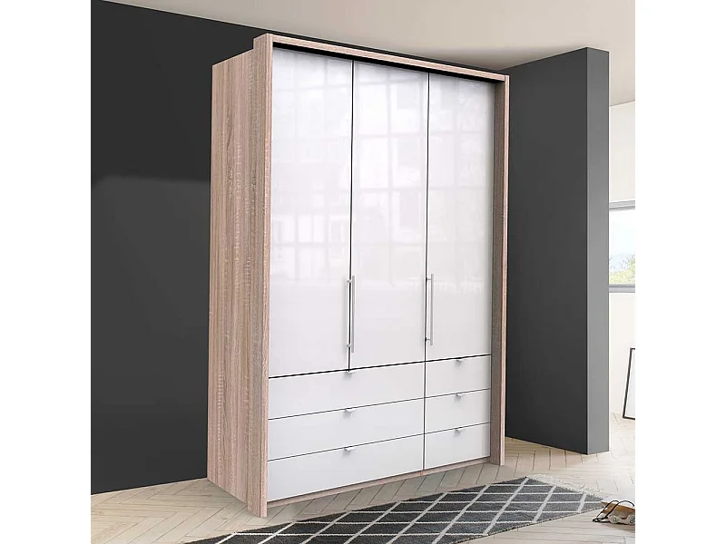 2 türiger Schlafzimmerschrank mit sechs Schubladen Weiß Eiche Sägerau