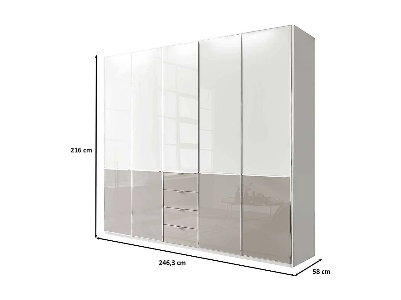 Drehtürenschrank Schlafzimmerschrank 247 cm breit Front glasbeschichtet