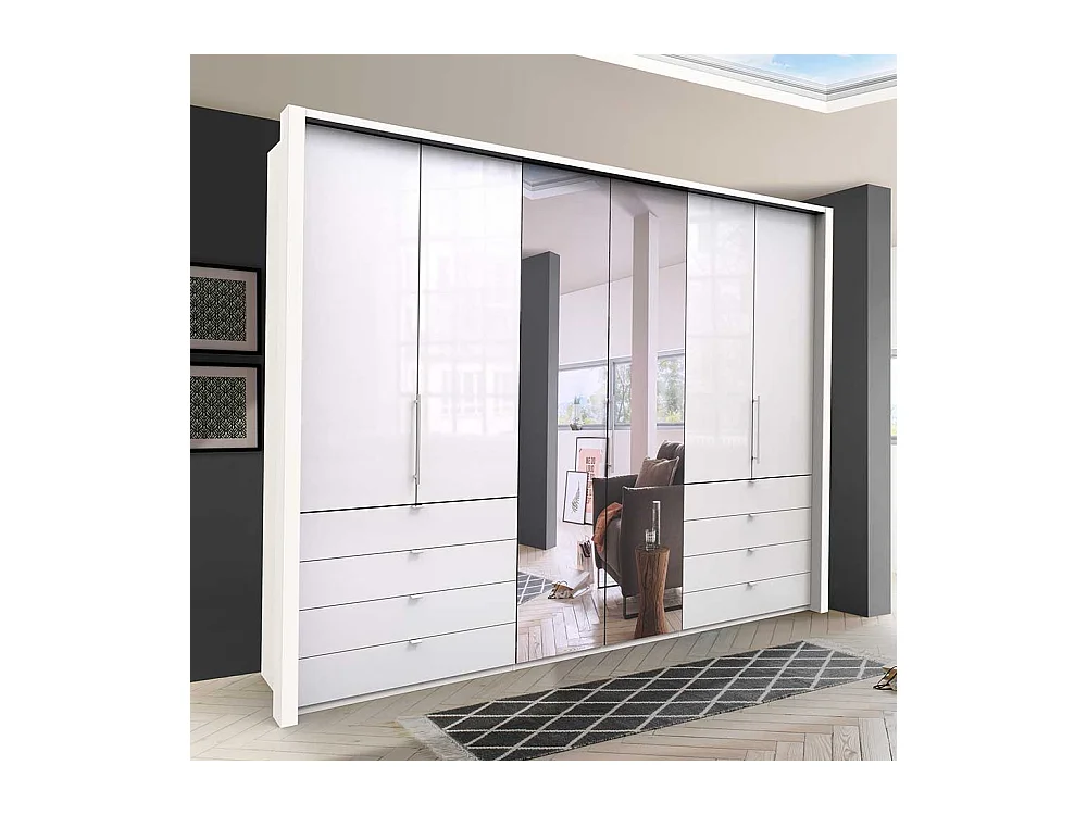 Weißer Falttürenschrank mit Spiegel acht Schubladen