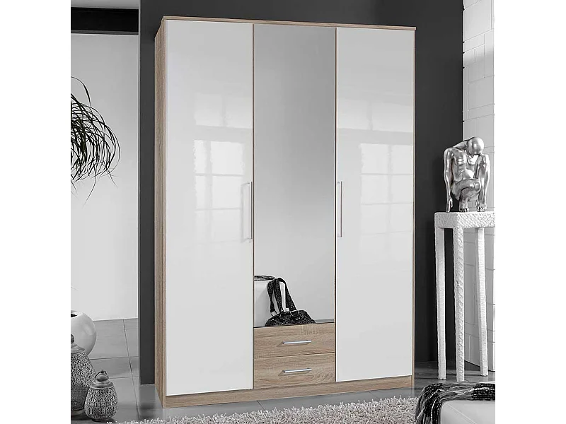 Kleiderschrank Made in Germany in Eiche Sägerau & Weiß Spiegeltür