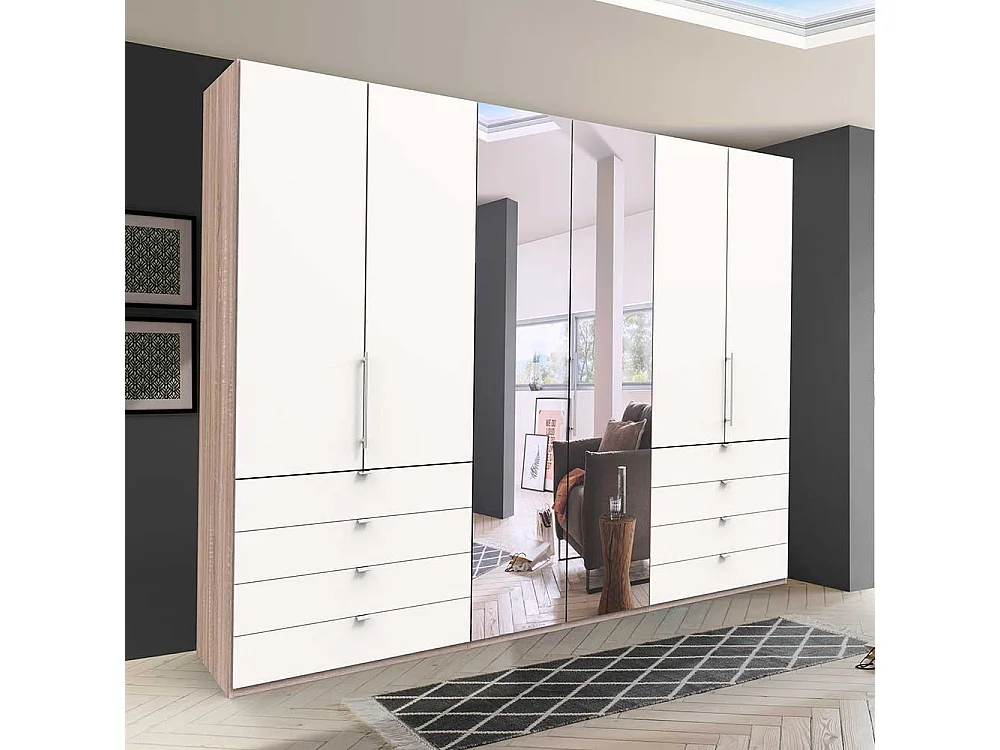 Gleittüren Kleiderschrank mit acht Schubladen und Spiegel Weiß Eiche Sägerau