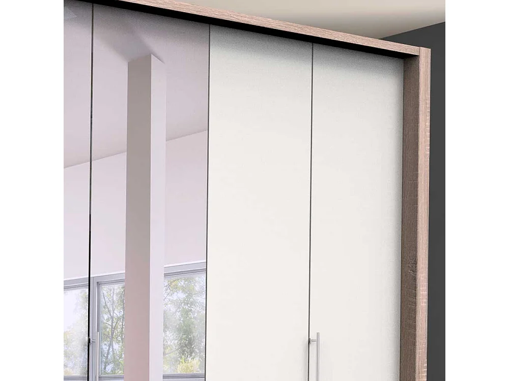 Gleittüren Kleiderschrank mit acht Schubladen und Spiegel Weiß Eiche Sägerau