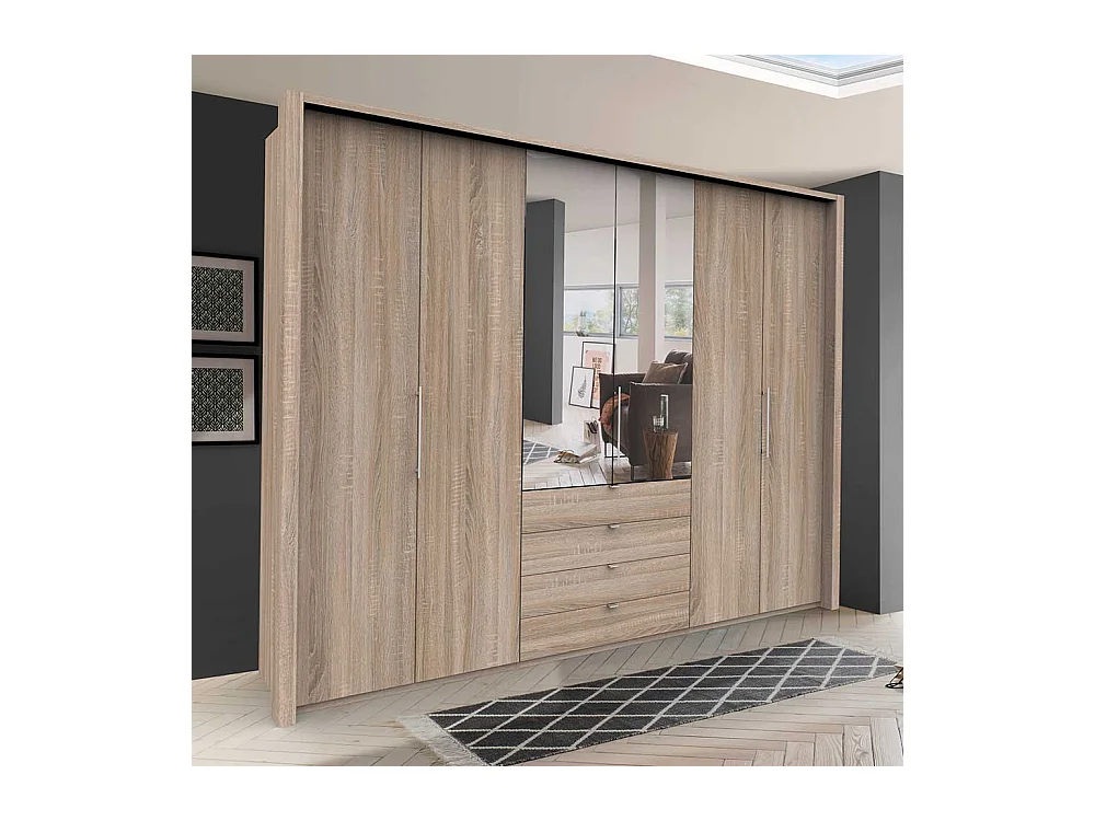 Großer Spiegel Kleiderschrank mit vier Schubladen und Spiegel Eiche Sägerau