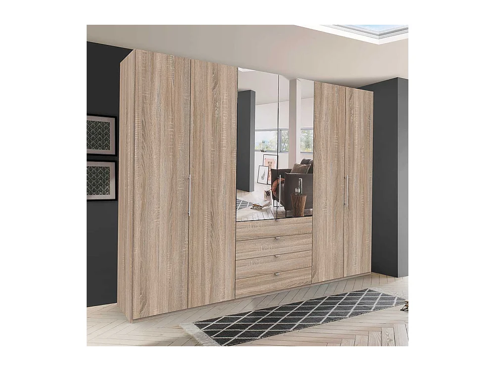 Großer Spiegel Kleiderschrank mit vier Schubladen und Spiegel Eiche Sägerau