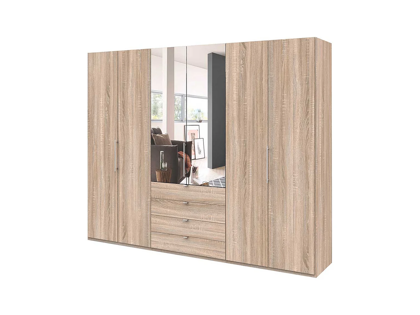 Großer Spiegel Kleiderschrank mit vier Schubladen und Spiegel Eiche Sägerau