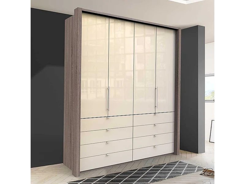 Gleittüren Kleiderschrank glasbeschichtet acht Schubladen